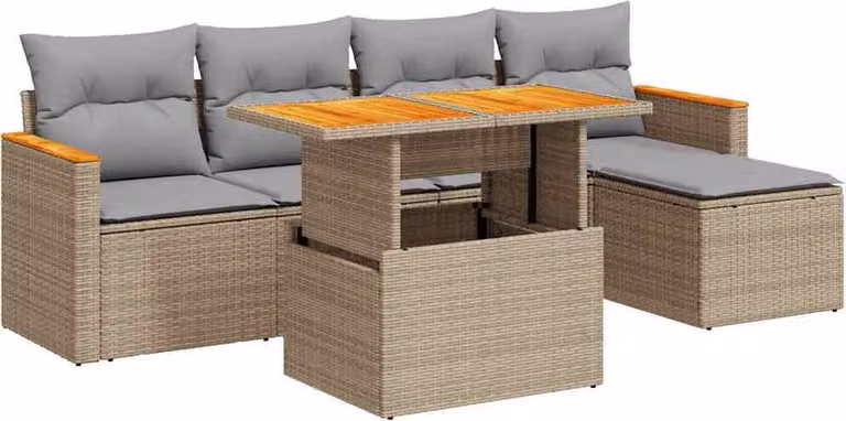 Set Divano da Giardino 6 pz con Cuscini Beige Polyrattan Acacia