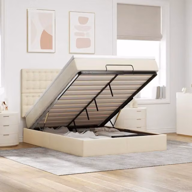 Letto con contenitore a sollevamento vidaXL in tessuto beige e bianco con materasso L/P: 140 x 190 cm