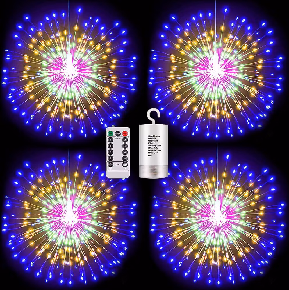 Set da 4 luci decorative multicolori con effetti pirotecnici, 200 LED, illuminazione natalizia dimmerabile con telecomando, decorazione per interni ed esterni, alimentazione a batterie, 8 modalità, per finestre e balconi