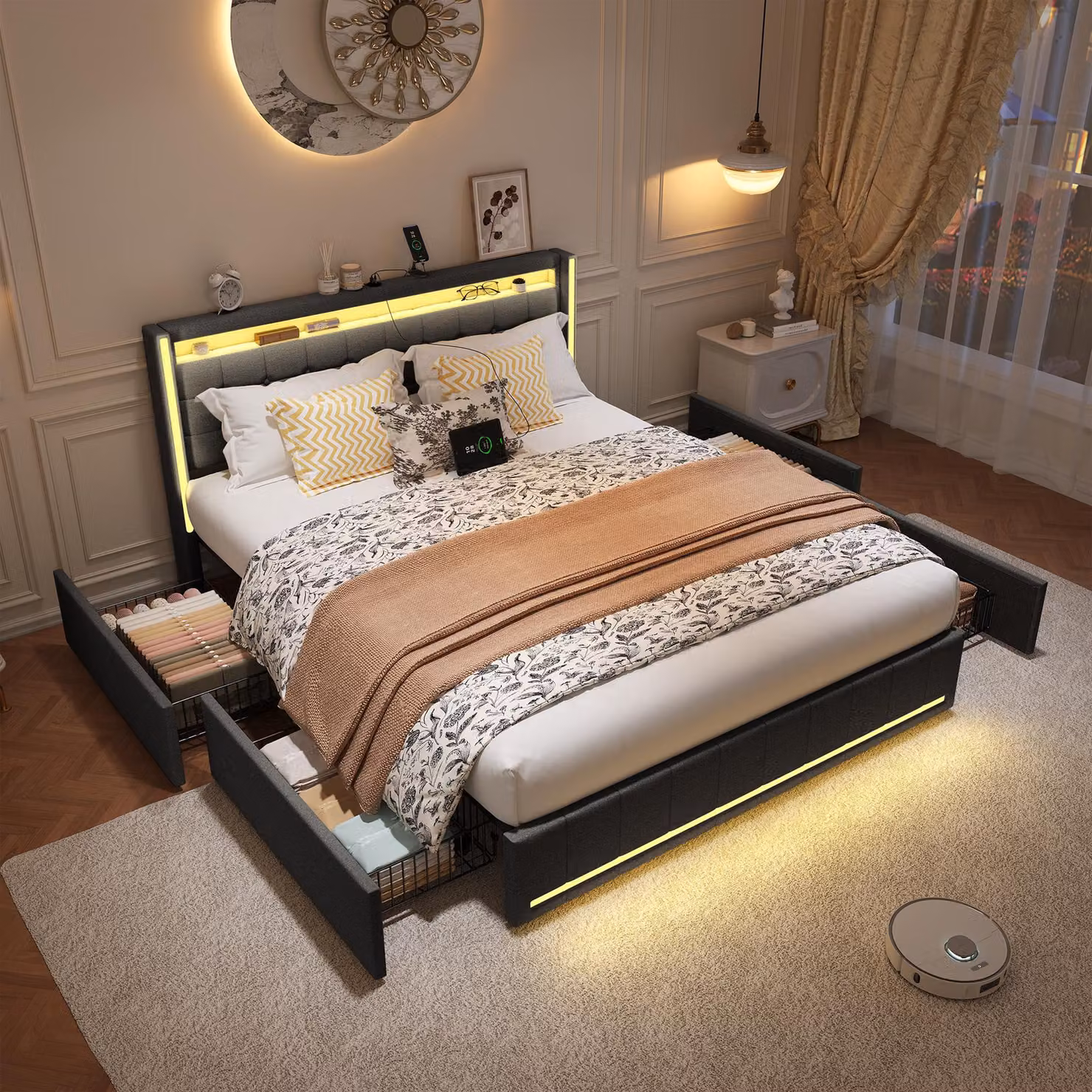 Letto imbottito Fortuna Lai 140x200 cm in grigio, letto matrimoniale con LED, funzione di ricarica USB, testata e 4 cassetti, letto contenitore con rete a doghe in legno