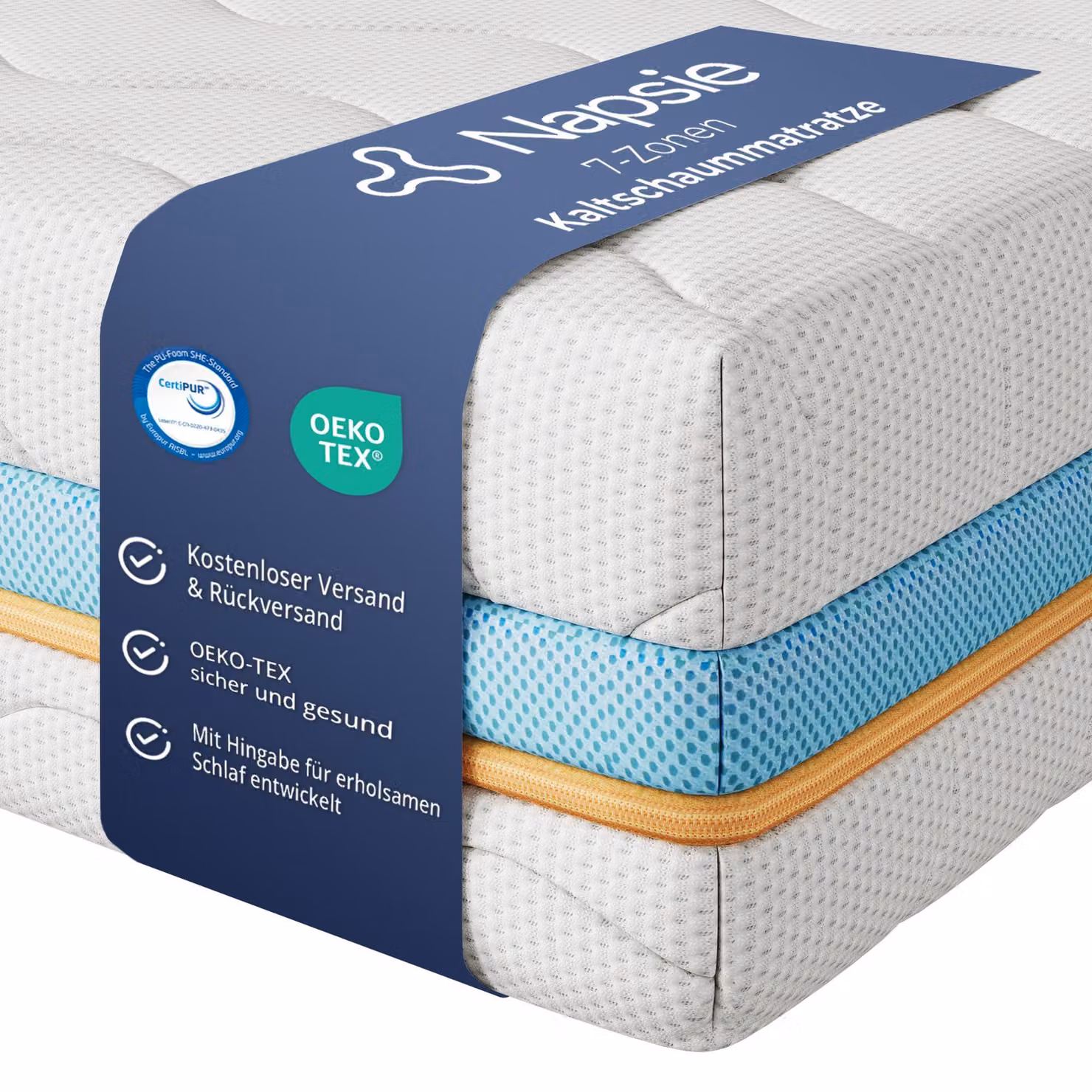 Materasso NAPSIE a 7 zone, dimensioni 90x200 cm | Durezza H3 e H2 | Utilizzabile su entrambi i lati | Realizzato con materiali ergonomici