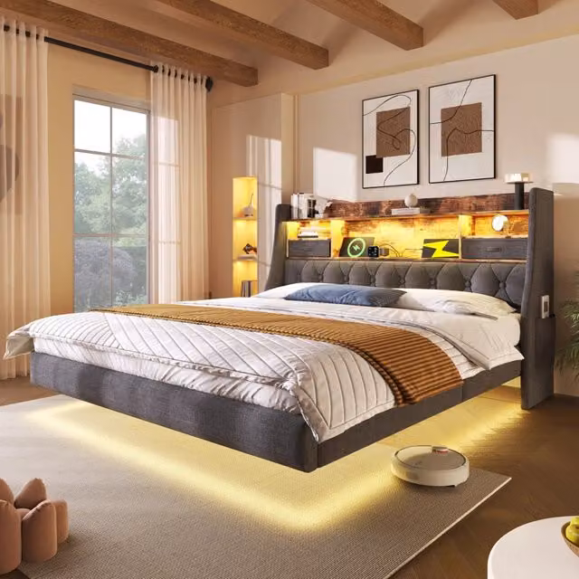 Letto matrimoniale 140x190 cm con LED; testiera con ripiano e porte USB Type-C; grigio