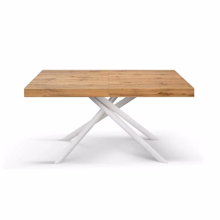Tavolo CARRARA in legno, finitura rovere rustico e base in metallo verniciato bianco, allungabile 140×90 cm – 220×90 cm
