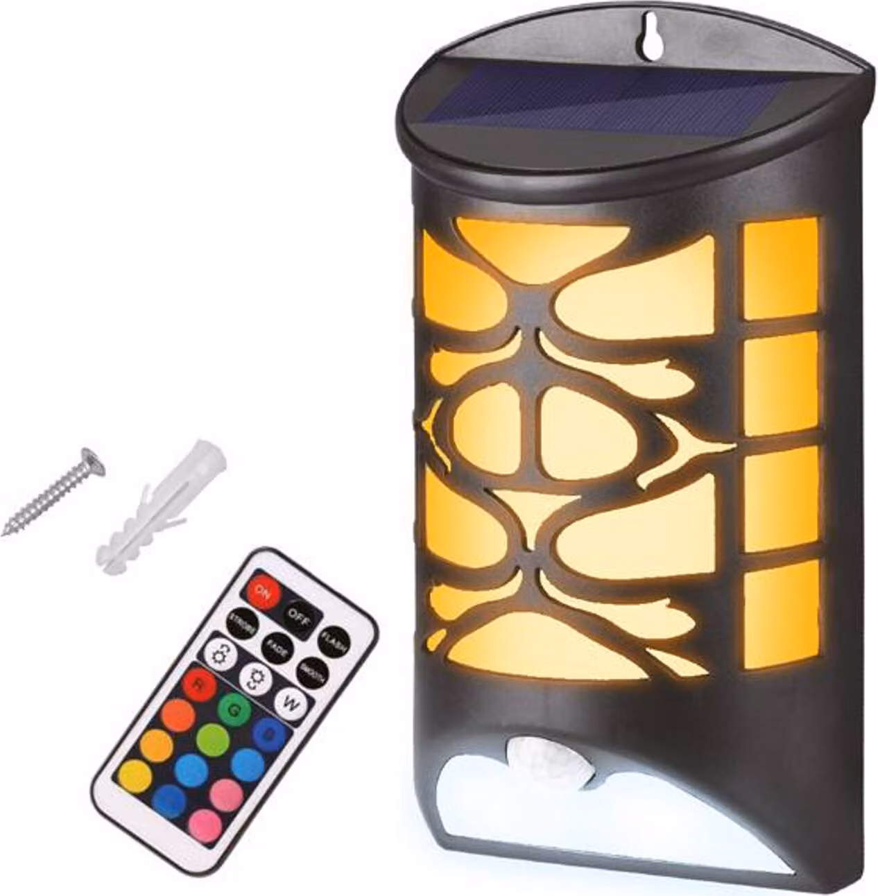 Lampada solare da parete a LED per esterni con rilevatore di movimento Lampada da parete per esterni 30X LED SMD + RGB + batteria ricaricabile 1800MAH + telecomando IP65