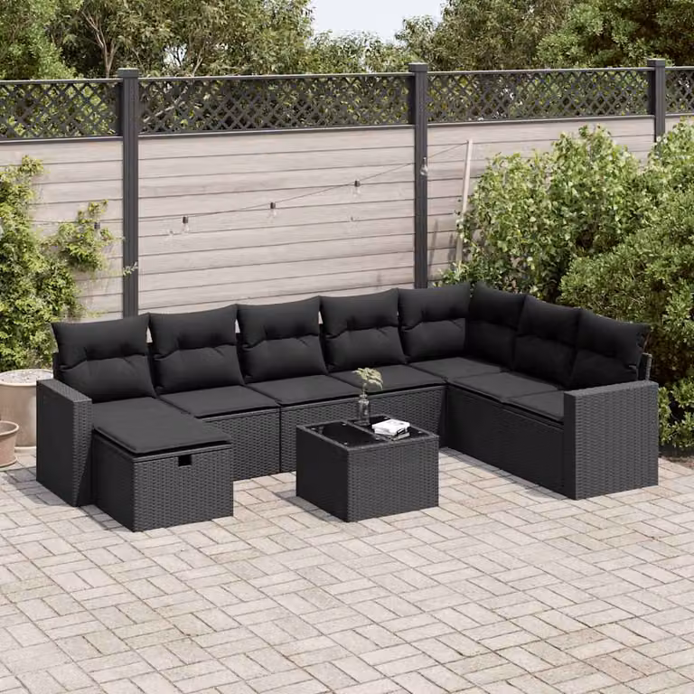 Set di divani da giardino vidaXL in polyrattan nero con cuscini per 9 persone
