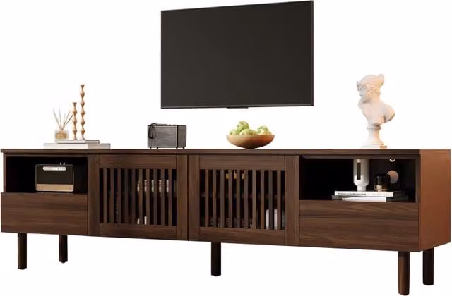 Mobile TV con 2 ante a griglia, 2 cassetti e vani aperti, passacavi, per soggiorno, in MDF noce, 180 × 40 × 51 cm