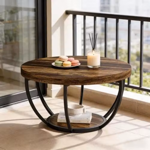 Tavolino basso rotondo OKWISH a 2 livelli con piano in legno marrone e base in metallo, stile rustico per soggiorno e ufficio – 2