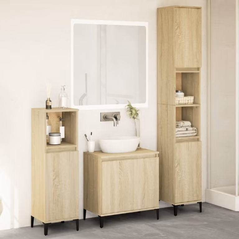 Set di mobili da bagno moderno vidaXL in 3 pezzi color rovere con struttura in legno e metallo, L/P/H: 58 x 33 x 190 cm