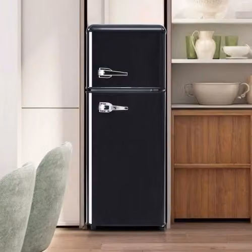 Frigorifero retrò; frigorifero congelatore; volume totale 92L; compartimento congelatore 28L; luce LED; efficiente energetico; nero