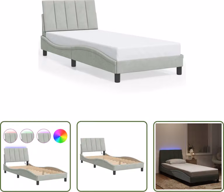 The Living Store Struttura letto con luci LED grigio chiaro 90x200 cm in velluto