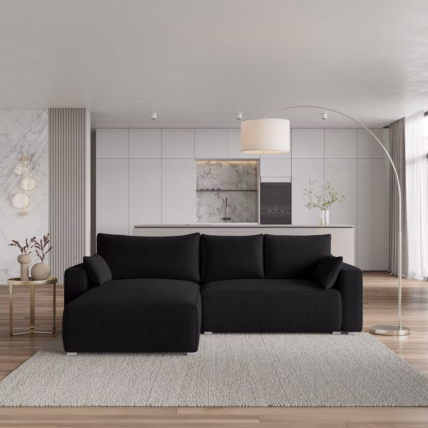 Divano angolare Masseno FORIL P con funzione letto a L, divano con box letto, divano da salotto, divano, divano, divano letto, set di divani - nero, POSO 135