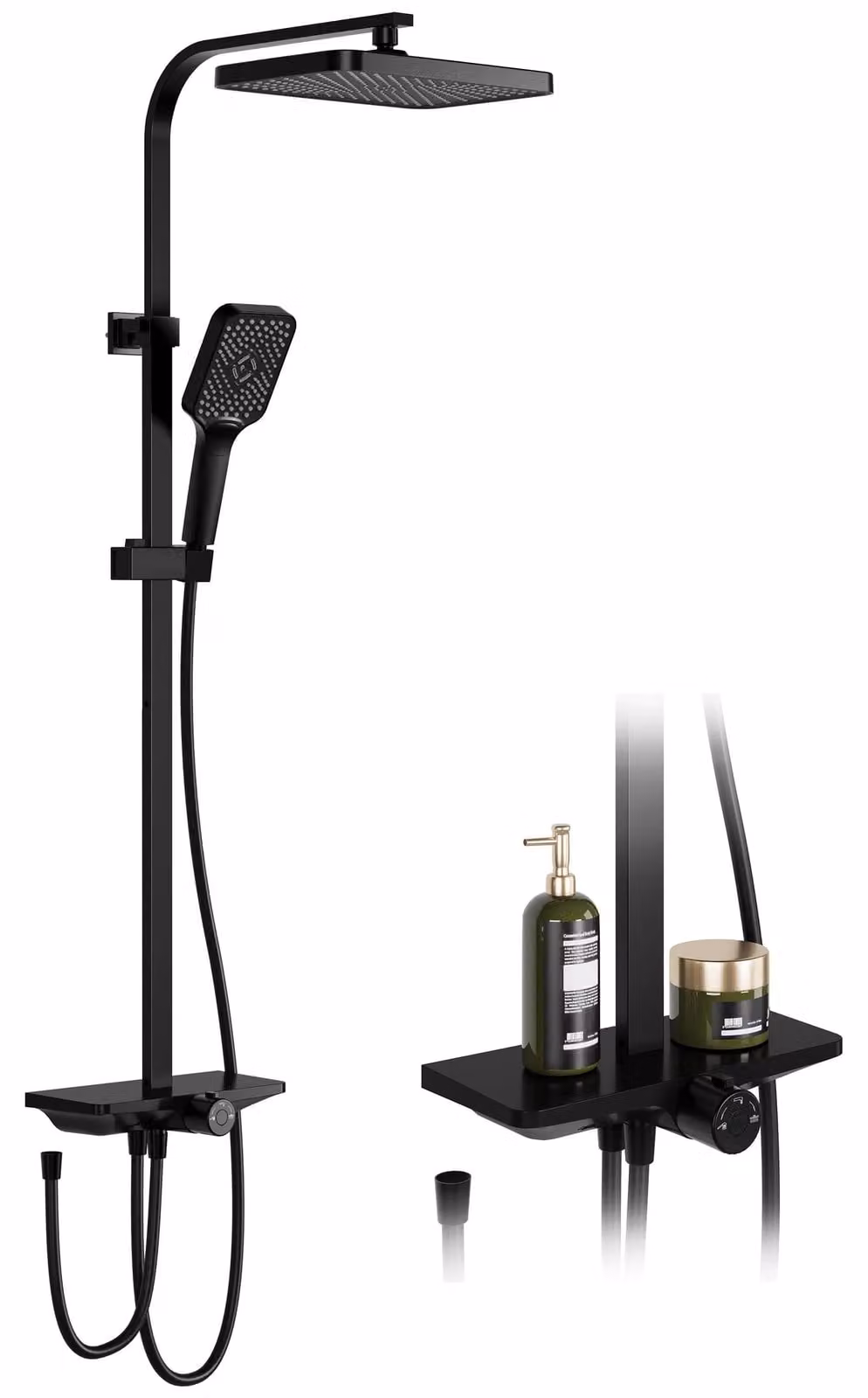 Set per doccia a parete – Colonna doccia da parete – Acciaio inossidabile – Senza miscelatore – Altezza regolabile – Tubo quadrato – Con ripiano – Nero