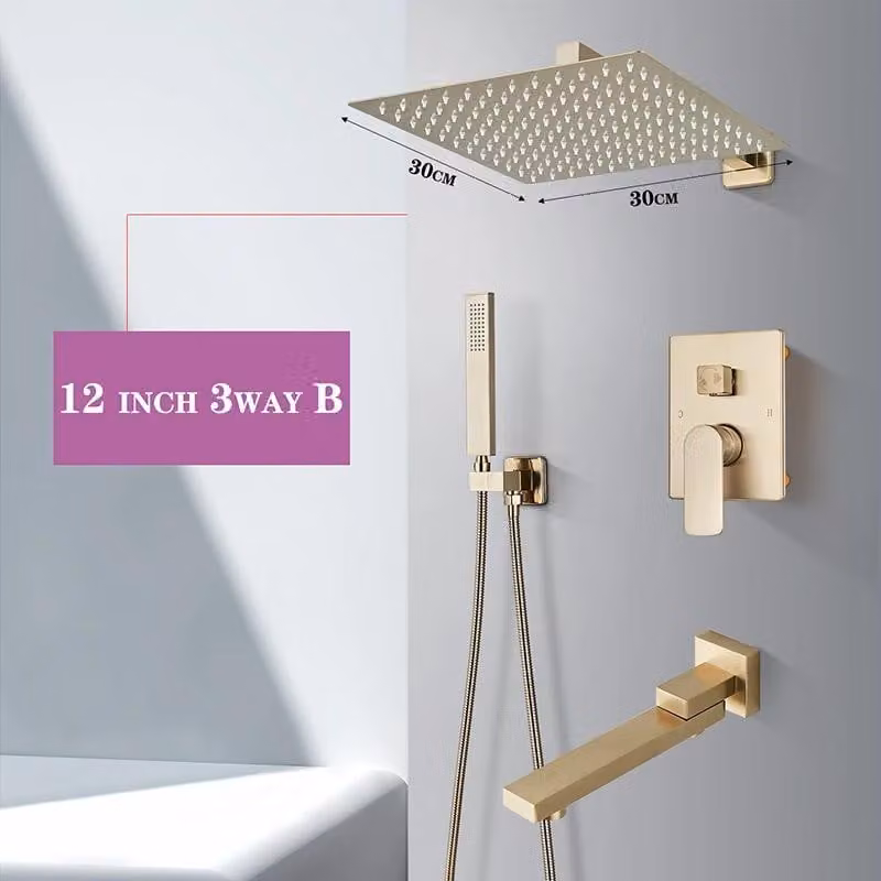 Set doccia da incasso con soffione a pioggia - Miscelatore monocomando a 3 vie - Soffione da 30 cm - Bocchetta di scarico a cascata per vasca - Miscelatore monocomando per acqua calda/fredda - Finitura oro spazzolato