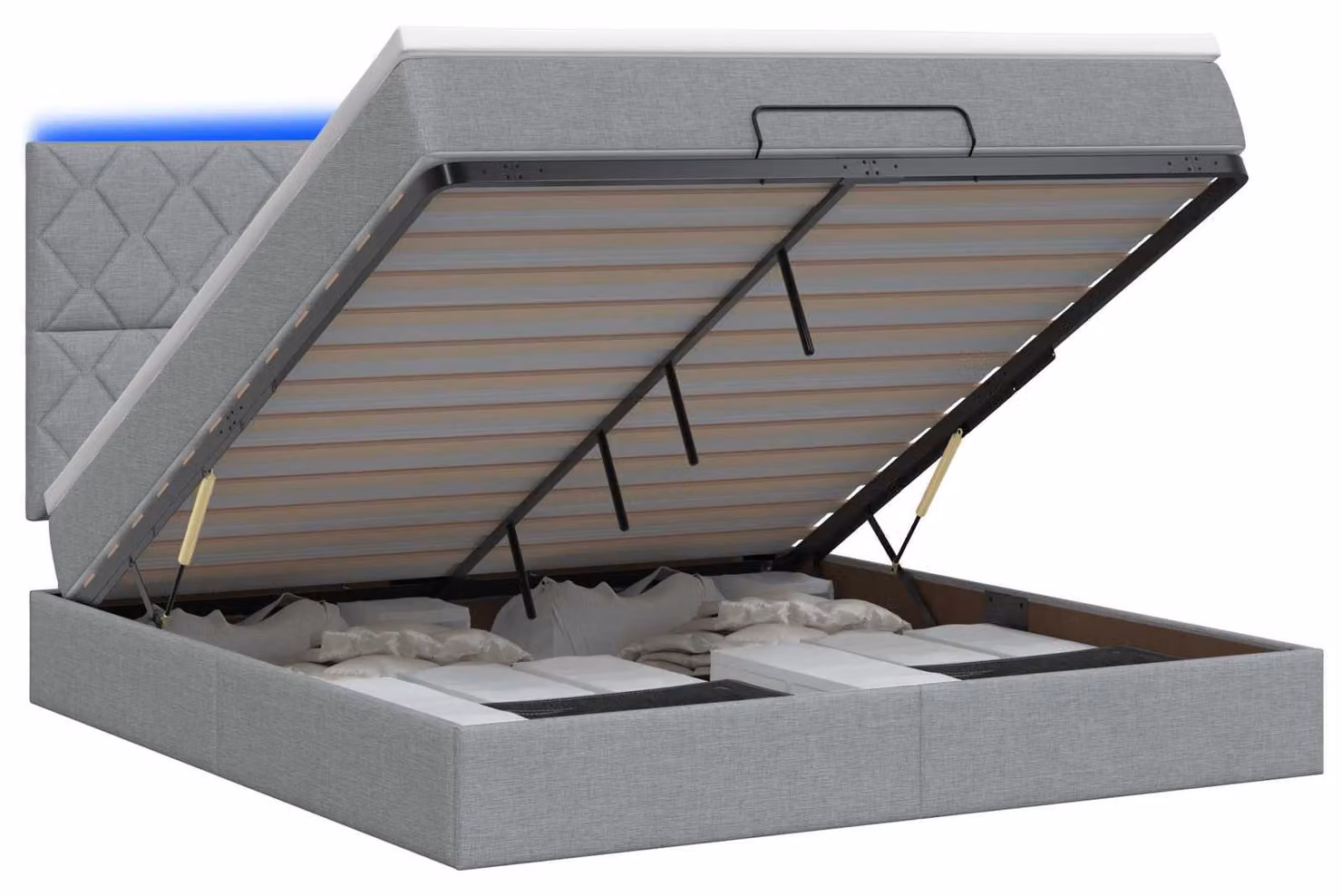Panca contenitore con materasso e illuminazione LED, grigio chiaro, 160 x 200 cm, tessuto