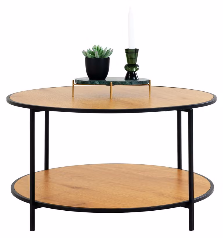 Tavolino da salotto Vita rotondo effetto rovere con struttura in acciaio nero, ø80×45 cm