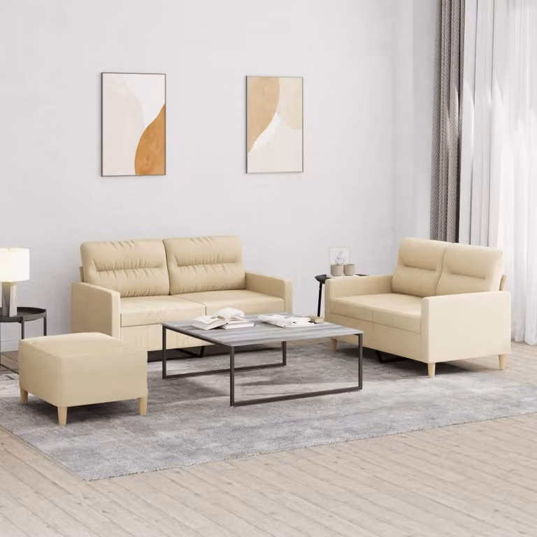 Set di divani 3 pezzi vidaXL in tessuto e similpelle beige con cuscini per soggiorno in stile moderno