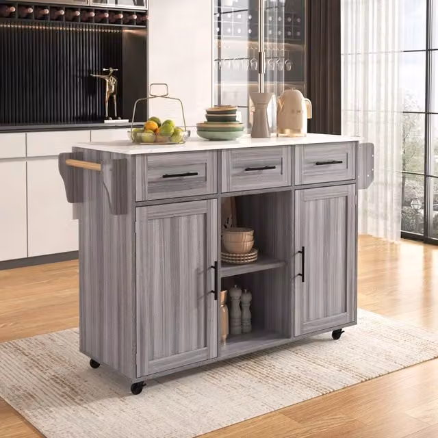 Carrello da cucina con piano ribaltabile 3 cassetti e 3 vani con ripiani regolabili per cucina in MDF grigio