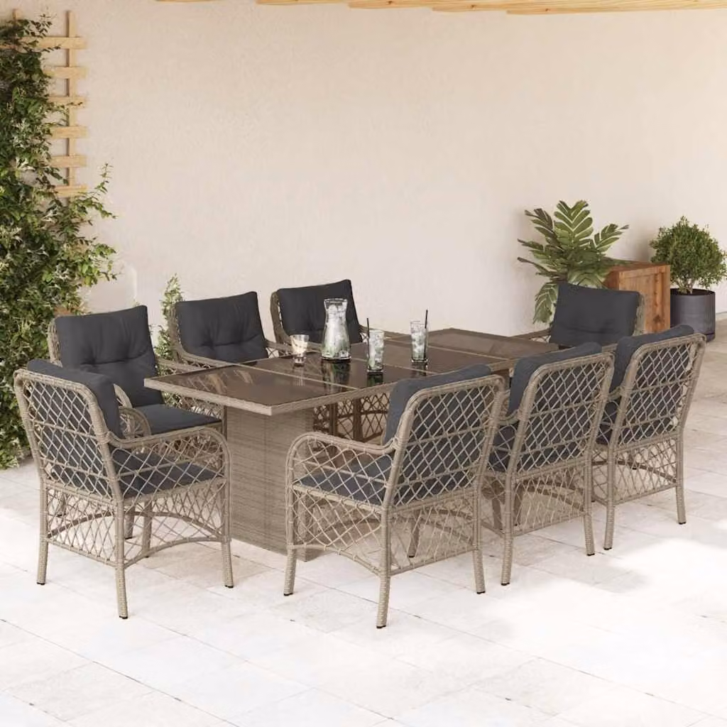 Set Pranzo da Giardino vidaXL in Polyrattan con Cuscini e Tavolo in Vetro, 9 Pezzi, Grigio Antracite – 1