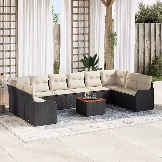 Set Divano da Giardino 11 pz Nero e Crema polyrattan 3356171