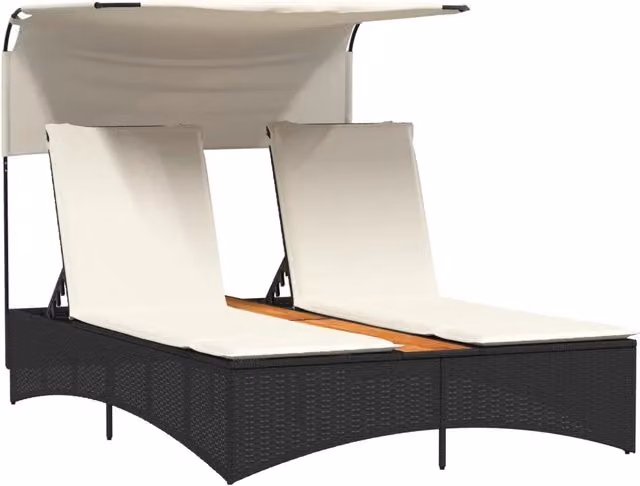 Lettino Prendisole | Sdraio da giardino | Lettino da sole Doppio Baldacchino e Cuscini Nero Polyrattan