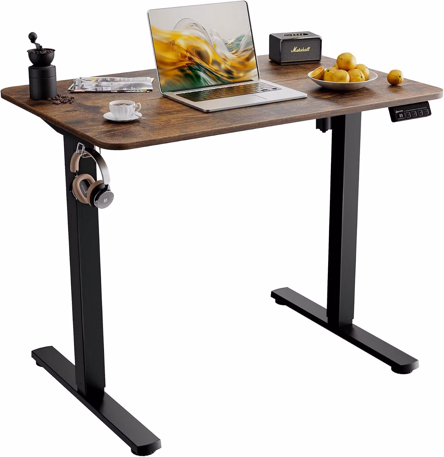 Scrivania per computer, scrivania regolabile elettricamente, 90 x 60 cm, con possibilità di utilizzo in piedi, 2 posizioni di memoria, 2 ganci, piano diviso, adatta per l'uso domestico e professionale