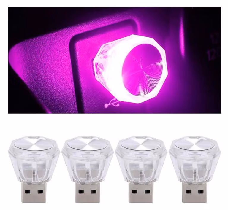 4 luci ambientali per auto, colore viola, a LED, alimentate tramite USB, per illuminare l'interno