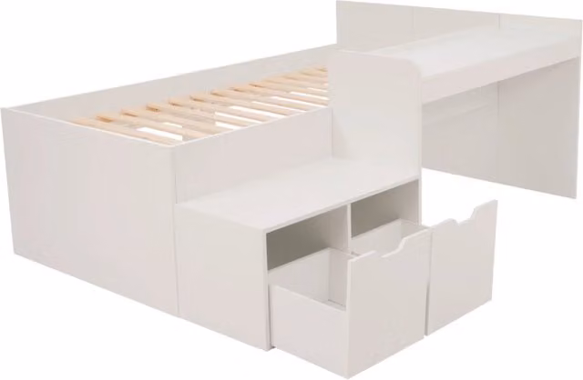 Letto singolo in legno massello 90x200 cm bianco con scrivania e cassetti, letto contenitore per bambini senza materasso