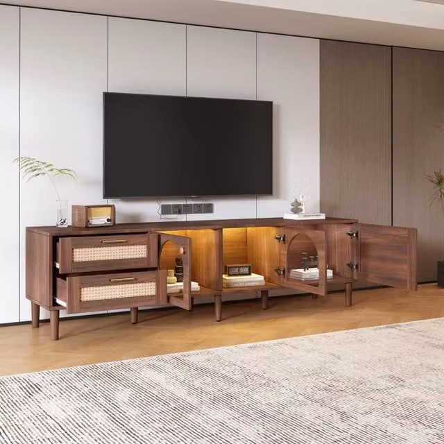 Mobile TV 180 cm marrone per TV 80 pollici, con 2 cassetti in rattan, 2 porte vetro arcuate e 1 porta in rattan, illuminazione LED