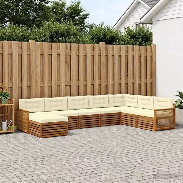 Set di divani da esterno a L con ottoman vidaXL in legno di acacia e tessuto beige, 8 pezzi