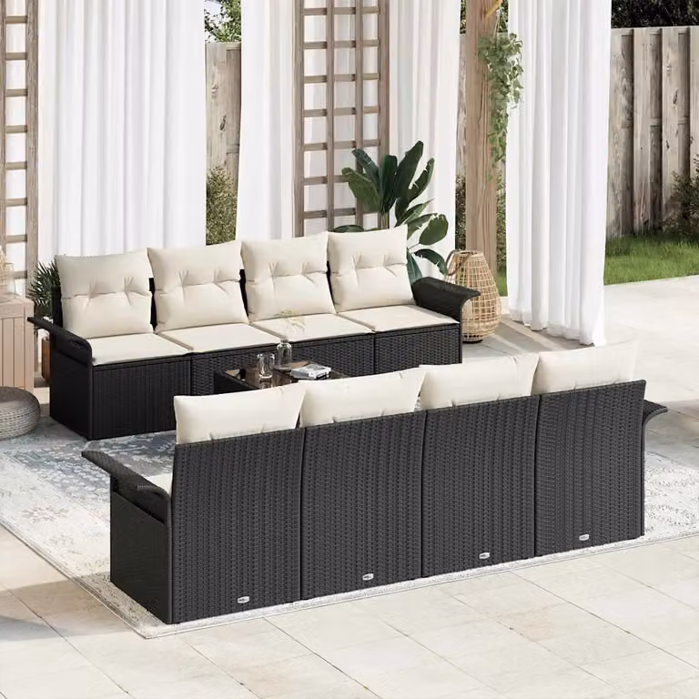 Set Divano da Giardino Moderno vidaXL in Polyrattan Nero con Cuscini e Tavolino da Caffè