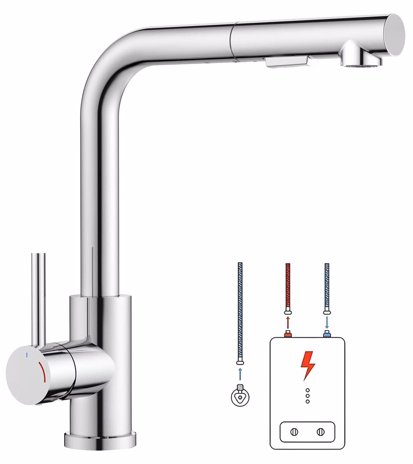 Miscelatore da cucina a bassa pressione, a forma di L, con doccetta estraibile, 2 getti, cromato