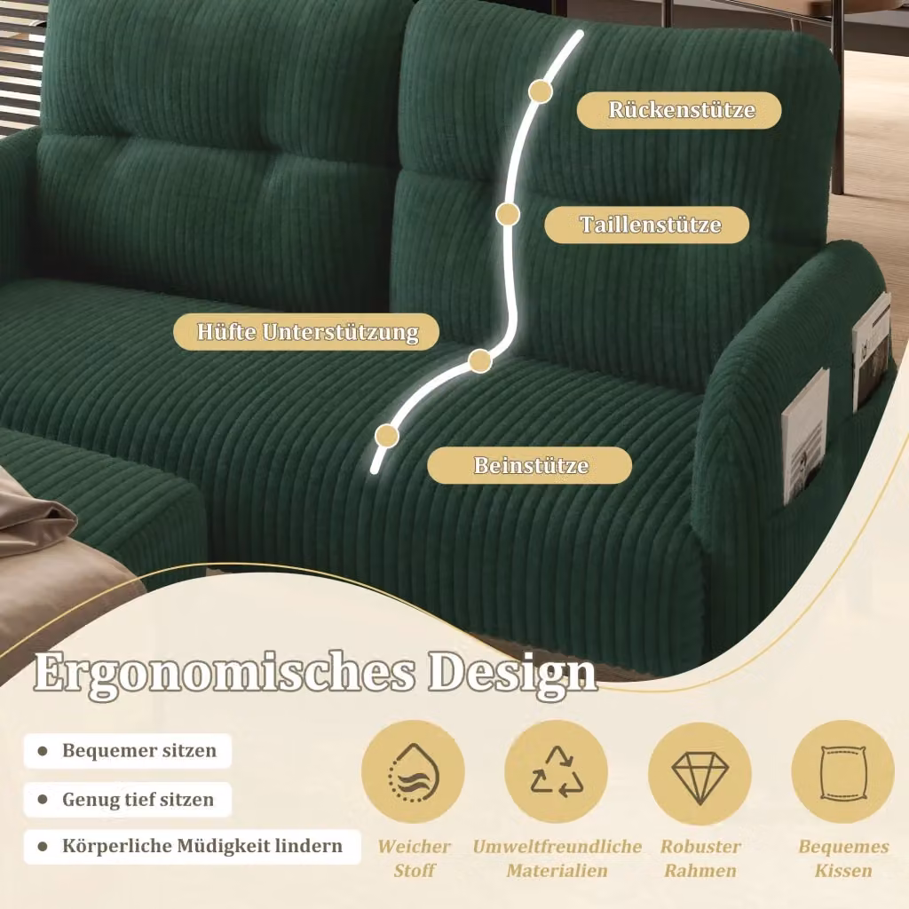 Set da salotto moderno REDOM composto da divano a 2 posti, poltrona e pouf in tessuto cord verde – 2