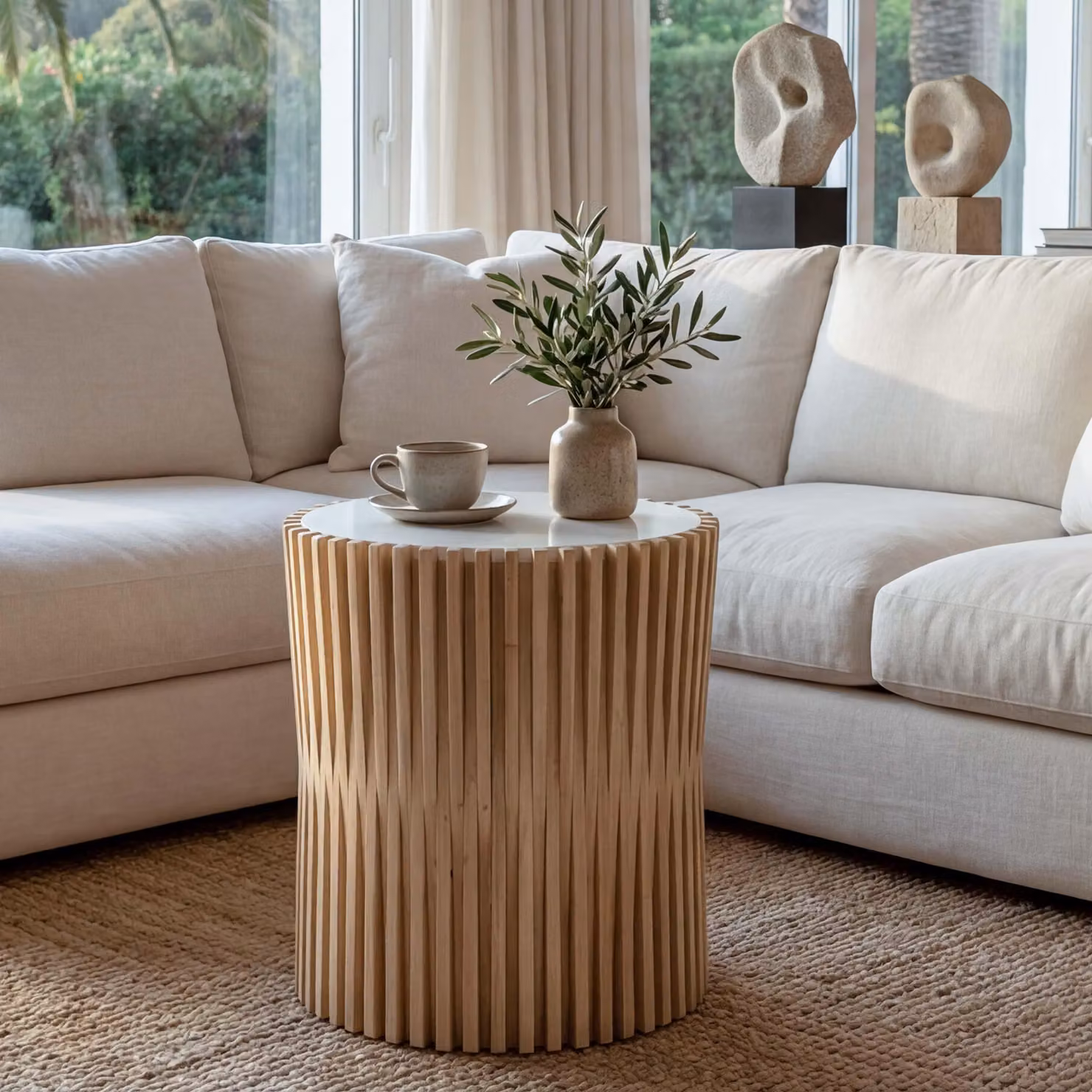 Tavolino HWC-N31, tavolino da caffè tavolino da salotto tavolino da fiori comodino, legno di abete Ø51cm bianco naturale