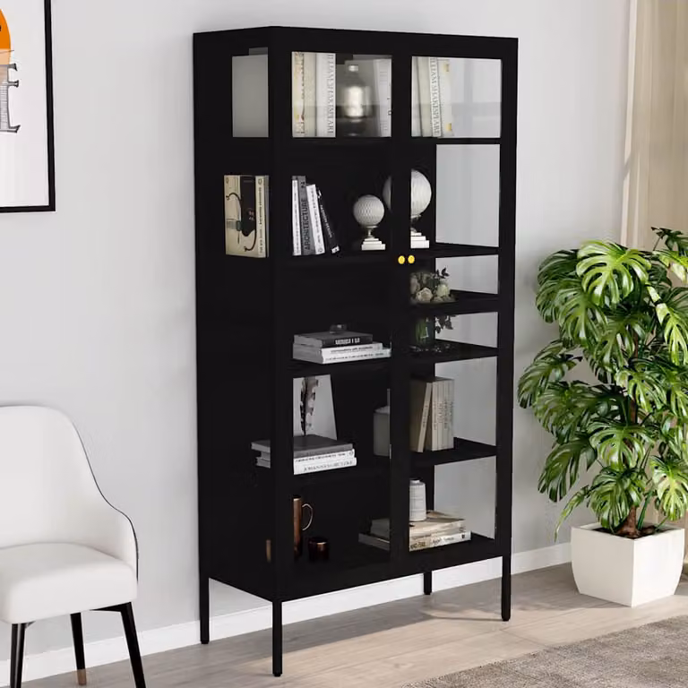 Vetrina moderna vidaXL in metallo e vetro nero con ante in vetro, L: 90 cm, P: 40 cm, H: 180 cm