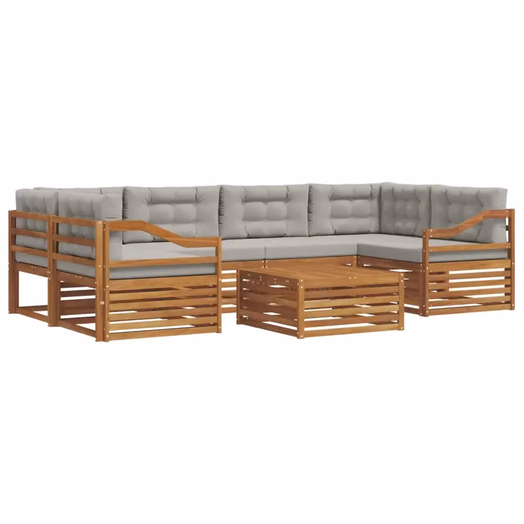 Set di divani da esterno moderno vidaXL in legno di acacia con tavolo da caffè e cuscini grigi, 7 pezzi – 2