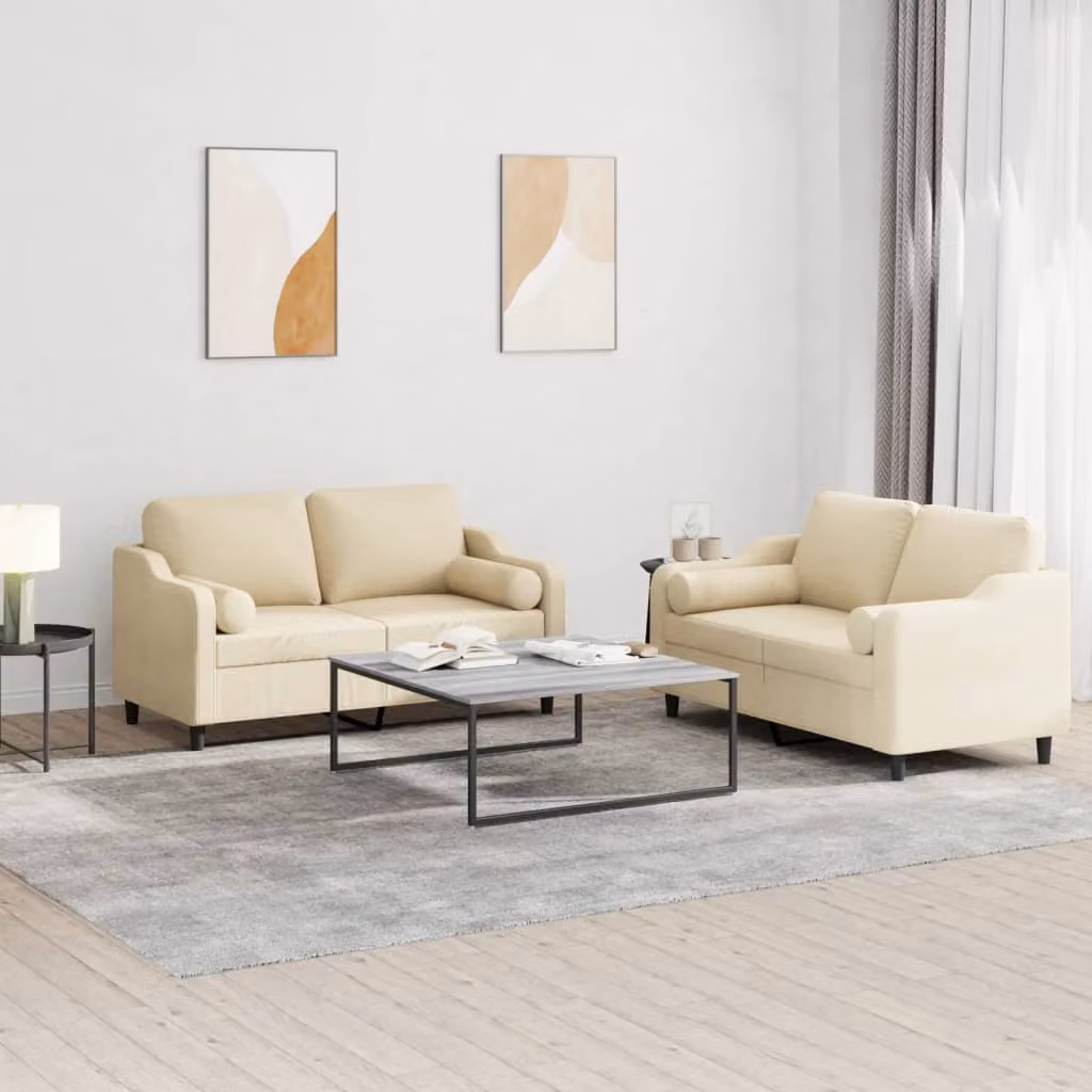 Set di 2 Divani vidaXL in Tessuto Beige con Cuscini per Soggiorno Moderno