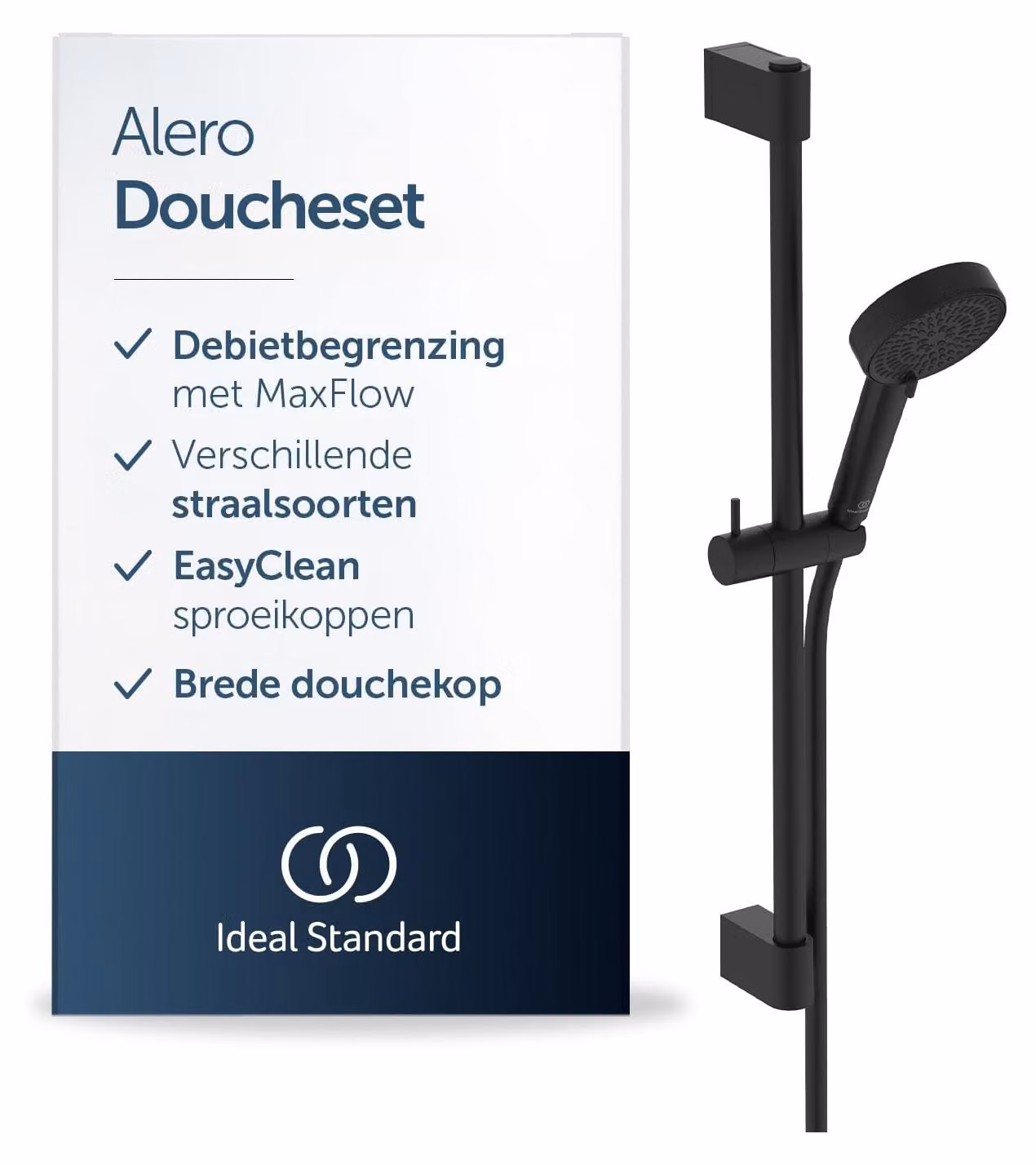 Set doccia con barra da 640 mm, doccetta manuale, due tipi di getto, finitura nero opaco