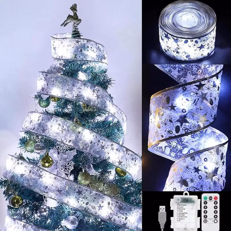 Ghirlanda luminosa natalizia da 10 m, luci natalizie a LED, ghirlanda luminosa, 8 modalità, telecomando, per festività, feste, matrimoni, nastro argento/bianco