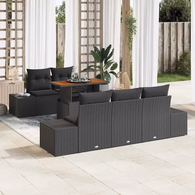 Set Divano da Giardino vidaXL 6 Pezzi in Polyrattan Nero con Cuscini e Contenitore per l'Archiviazione