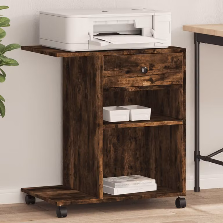 vidaXL Supporto per Stampante con Ruote in Rovere Fumo, L 60 cm x P 40 cm x H 68,5 cm