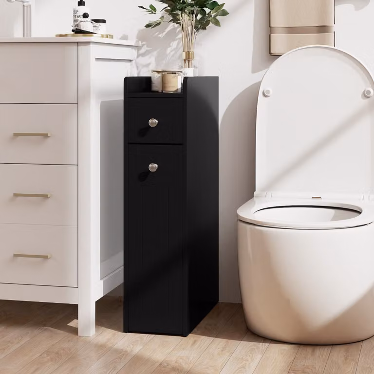 Armadietto da bagno stretto Costway nero con 4 ripiani e cassetti estraibili in MDF