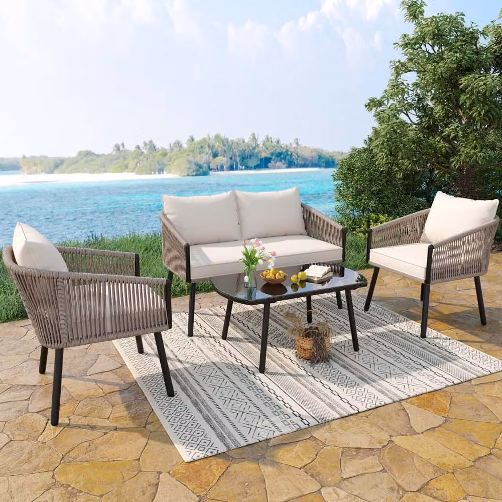 Set di mobili da giardino AIORBER 4 pezzi, divano a 2 posti, 2 divani singoli, tavolino con piano in vetro, in acciaio zincato, con braccioli, per terrazza e balcone, beige