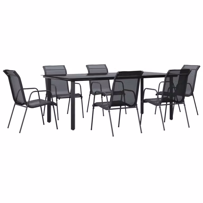 Set da Pranzo da Giardino 7 pz Nero in Acciaio e Textilene
