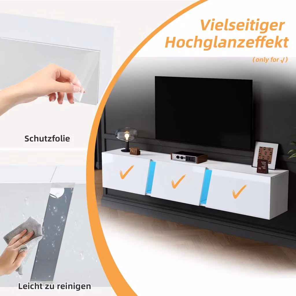 Mobile TV sospeso REDOM bianco lucido con illuminazione LED controllabile tramite APP e 3 ante L: 180 cm, P: 35 cm, H: 30 cm – 2