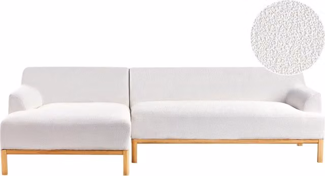Divano angolare 3 posti BELIANI in tessuto bouclé bianco con struttura in legno massello e gambe in legno, design moderno per il tuo soggiorno, L/P/H: 251 x 132 x 74 cm