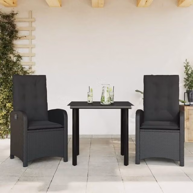 Set da Pranzo da Giardino 3 pz vidaXL in Polyrattan Nero con Piano in Vetro