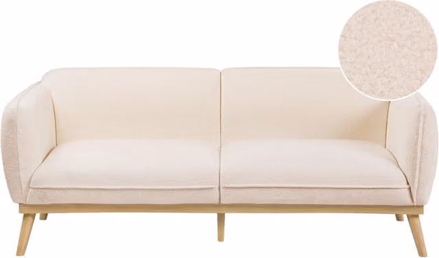 Divano a 3 posti Beliani in bouclé beige con gambe in legno in stile scandinavo L: 210 cm, P: 82 cm, H: 49 cm