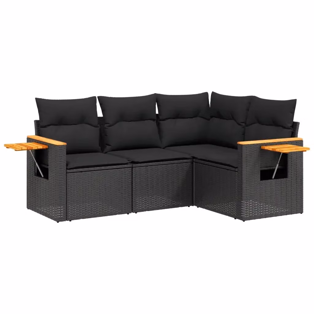 Set di divani da giardino vidaXL a forma di L composto da 4 pezzi con cuscini, polyrattan e legno di acacia, colore nero – 2