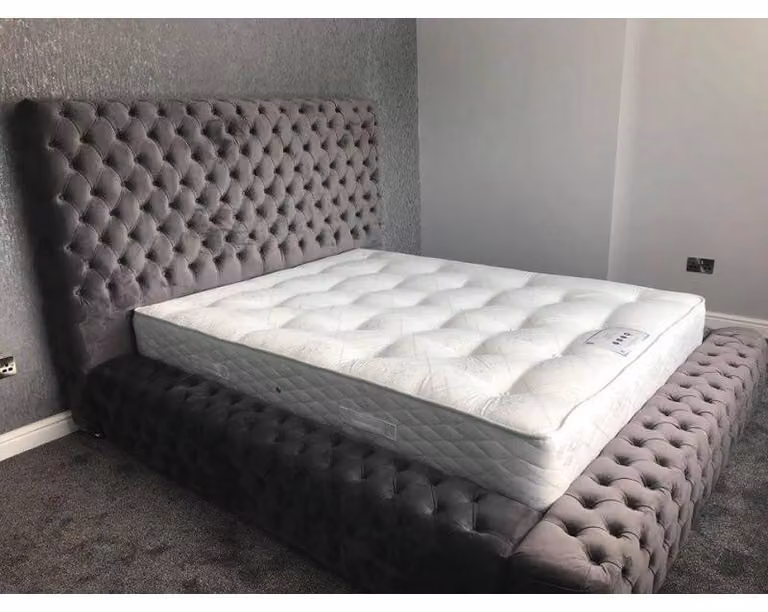 Chesterfield Bett Schlafzimmer Betten Textil 180x200cm Samt Big Hotel Grau