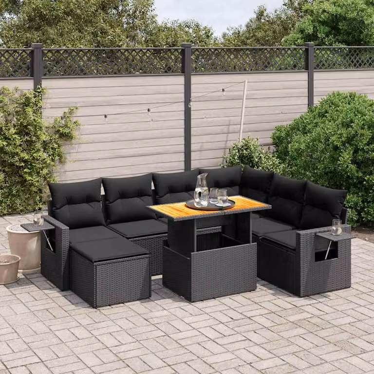 vidaXL Set Divani da Giardino in Polyrattan Nero con Cuscini e Tavolino da Esterno 8 pz